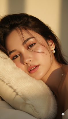 Woman with long hair and pearl earrings resting on a furry pillow in soft light