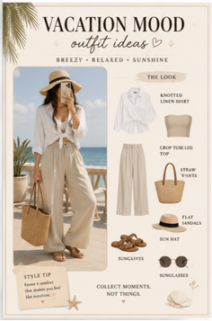 Woman in a vacation outfit with a straw hat and linen shirt by the beach