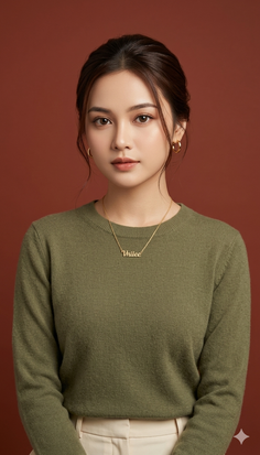 Woman with brown hair wearing a green sweater and gold necklace in a studio