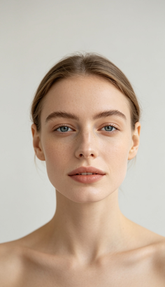 Woman with blue eyes and freckles looking directly at the camera