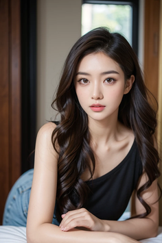 Woman with long dark hair wearing a black tank top and blue jeans indoors