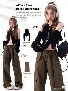 Woman in a black crop top and cargo pants with headphones