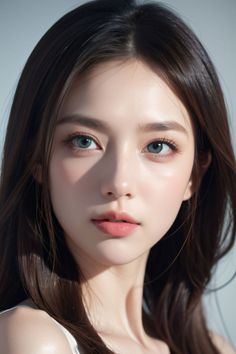 Realistic portrait of a woman with long brown hair and blue eyes