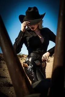 Woman in a cowboy hat and leather pants in a desert setting