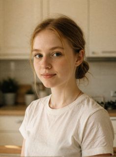 Young woman with red hair and freckles in a white t-shirt indoors