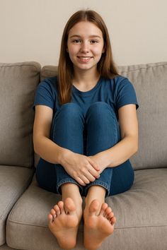 Young woman with long hair sitting on a couch in a blue t-shirt and jeans