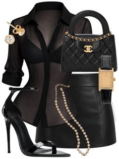 Fashion flat lay of a black sheer shirt, leather skirt, and accessories