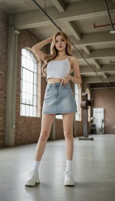 Woman with blonde hair in a white crop top and denim skirt indoors
