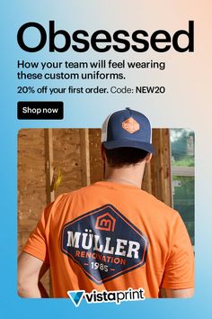 Man wearing an orange t-shirt and baseball cap with a company logo
