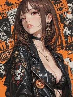 Anime girl with red eyes wearing a leather jacket and lace bra