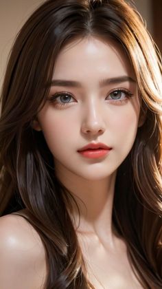 Realistic portrait of a woman with long brown hair and grey eyes