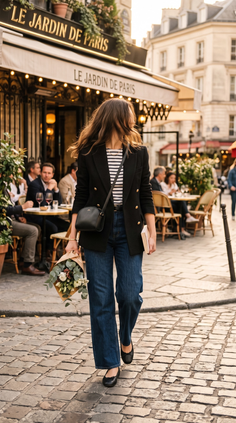 Woman in a black blazer and jeans walking on a cobblestone street with a bouquet