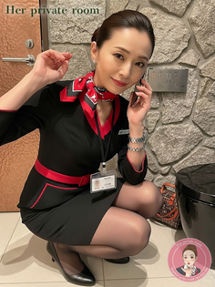 Woman in a black and red uniform squatting indoors while on the phone
