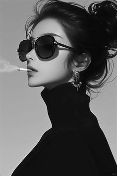 Illustration of a woman in sunglasses and a turtleneck, smoking a cigarette