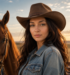 Woman in a cowboy hat and denim jacket with a horse at golden hour
