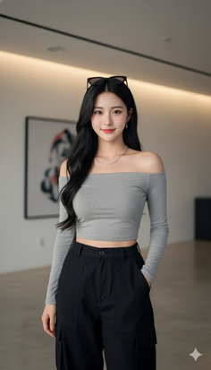 Woman with long black hair wearing an off-shoulder top and black pants indoors