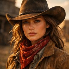 Woman in a cowboy hat and red bandana with a suede jacket outdoors
