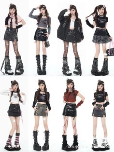 Multiple women posing in various gothic-inspired outfits with platform boots and mini skirts