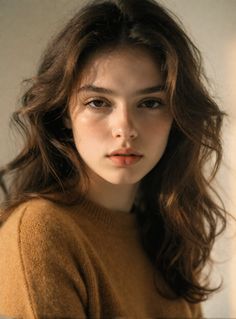 Woman with long brown hair wearing a brown sweater, lit by soft warm light