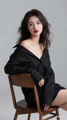 Woman with long dark hair and red lipstick wearing an off-shoulder black shirt
