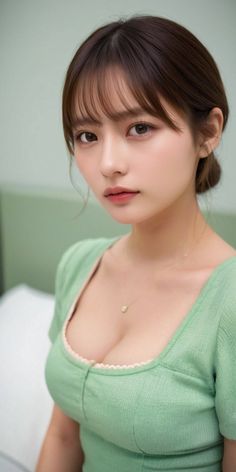 Woman with brown hair and bangs wearing a green top with cleavage