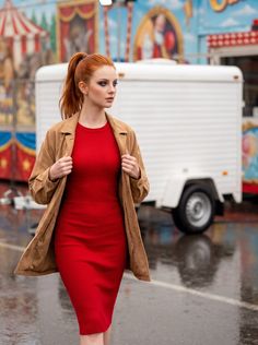Woman with red hair in a red dress and brown coat at a carnival
