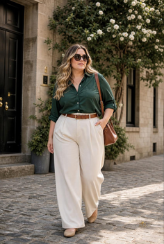 Woman in a green shirt and wide leg pants walking on a cobblestone street