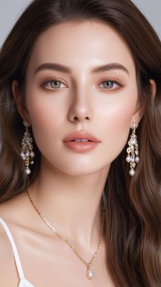 Close-up portrait of a woman with long brown hair and elegant jewelry