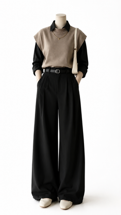 Mannequin wearing a black shirt, sleeveless top, wide leg pants, and a shoulder bag