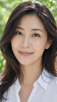 Woman with long dark hair and a white shirt smiling outdoors