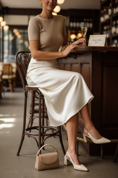 Woman in a beige top and white midi skirt sitting at a bar with a champagne glass
