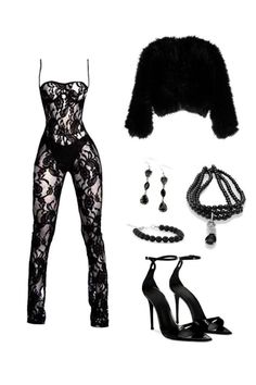 Black lace jumpsuit with a fur jacket, high heels, and matching jewelry