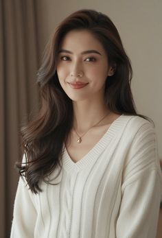 Woman with long dark hair wearing a white v-neck sweater and gold necklace