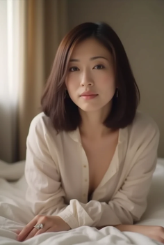 Woman with short brown hair wearing a white shirt in bed