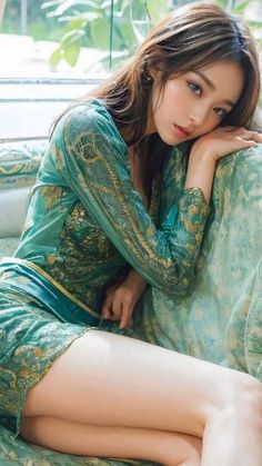 Woman with long hair in a green ornate dress, resting her head on a patterned cushion