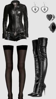 Gothic-inspired outfit with black leather jacket, shorts, thigh-high boots, and skull jewelry