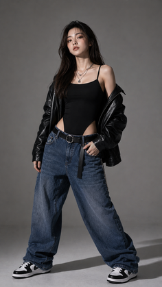 Woman in a black bodysuit, leather jacket, and baggy jeans in a studio