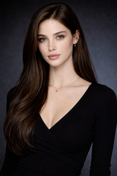 Woman with long brown hair wearing a black top and a delicate necklace