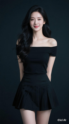 Woman with long black hair wearing an off-shoulder top and pleated skirt