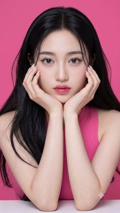 Woman with long black hair in a pink top against a pink background