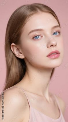 Young woman with long hair and blue eyes against a pink background
