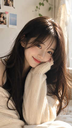 Woman with long dark hair wearing a cream sweater, smiling in soft indoor lighting