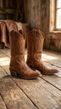 Pair of brown leather cowboy boots on a rustic wooden floor