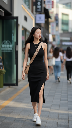 Woman in a black dress and white sneakers walking on a city street
