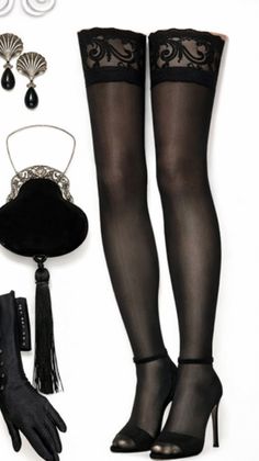 Black stockings with lace trim, high heels, and matching accessories