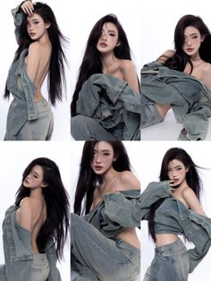 Woman with long dark hair posing in a denim jacket and jeans
