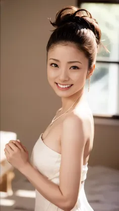 Woman with an updo hairstyle wearing a white dress and smiling indoors