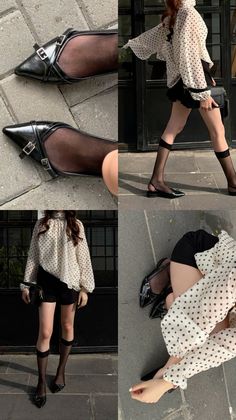 Woman in a polka dot blouse and black shorts with sheer socks and flats