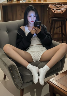 Woman in a white tank top and shorts sitting on a chair while looking at her phone