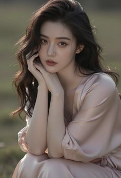 Woman with long wavy hair in a pink dress, posing outdoors with soft lighting
